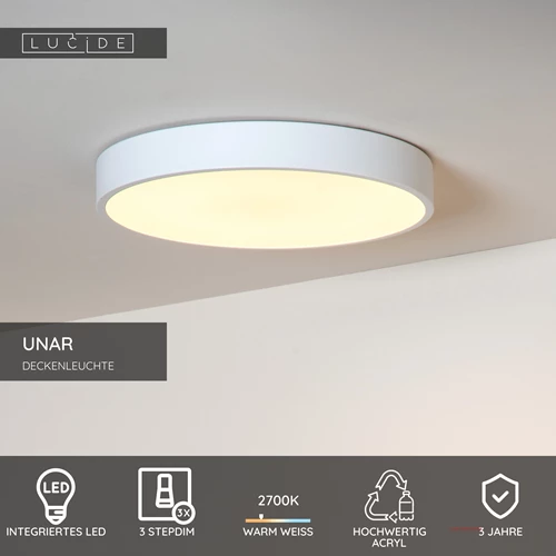 Lucide UNAR - Deckenleuchte - Ø 39,5 cm - LED 3 StepDim - 1x24W 2700K - Weiß - USP
